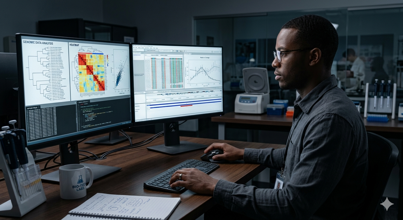 A man sitting at a screen analyzing genomic data